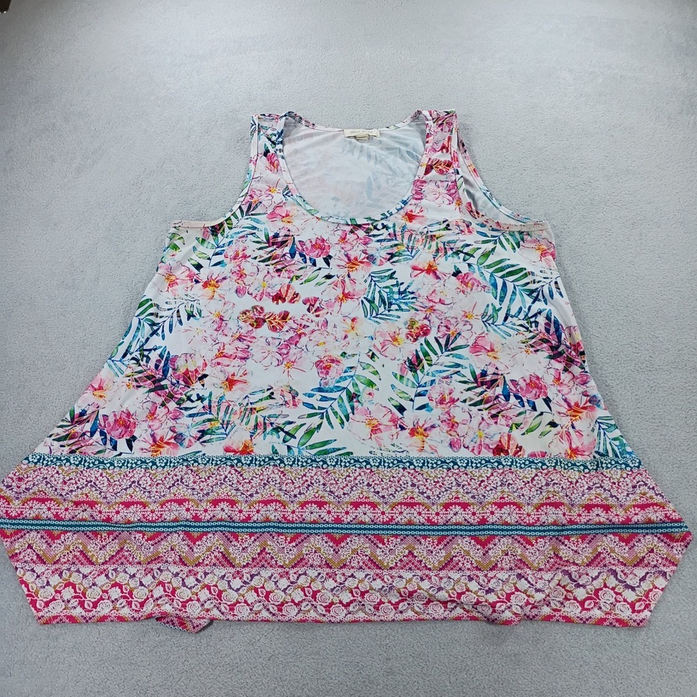 Blue Mood Womens Floral Tank Top Multi-Color Large Geometric Border Hem